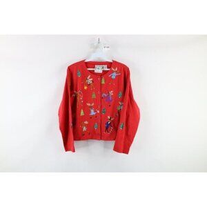 Vintage 90s Michael Simon Lite M Petite Christmas Reindeer Cardigan Sweater